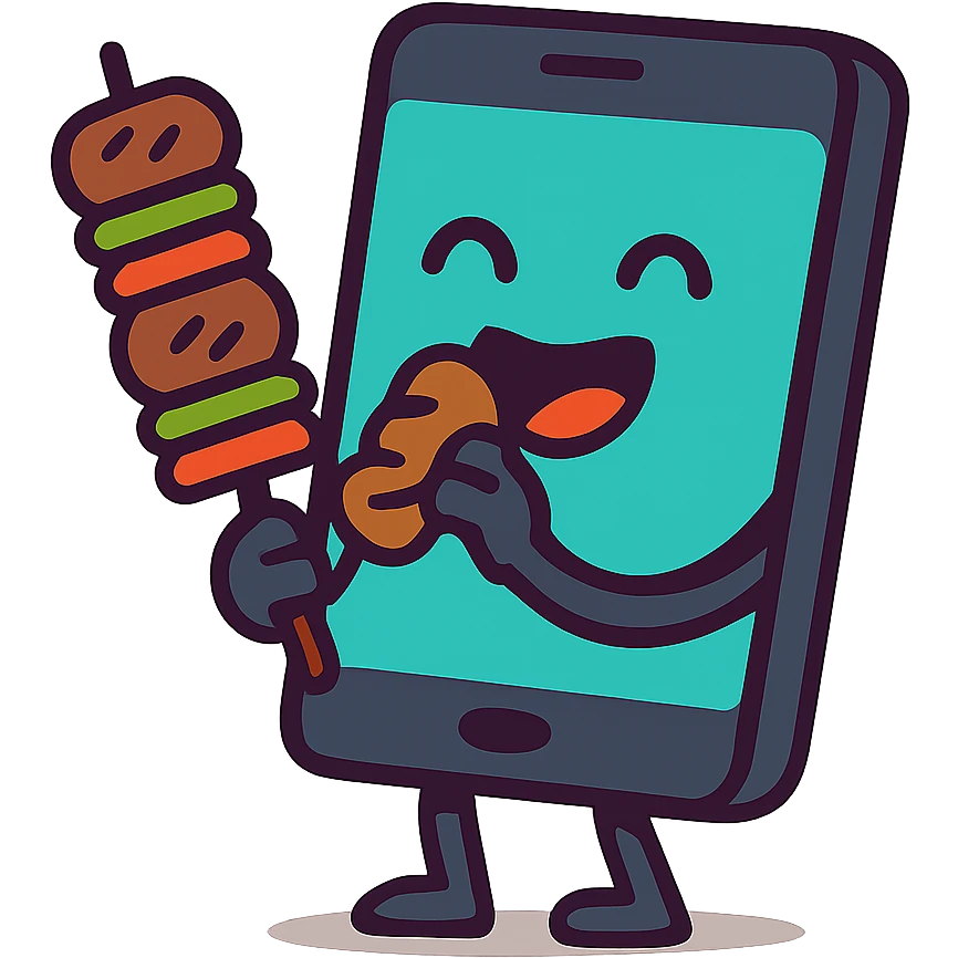 a humorous and fun modern cartoon style illustration of a phone eating kebab, detailed, no background emoji