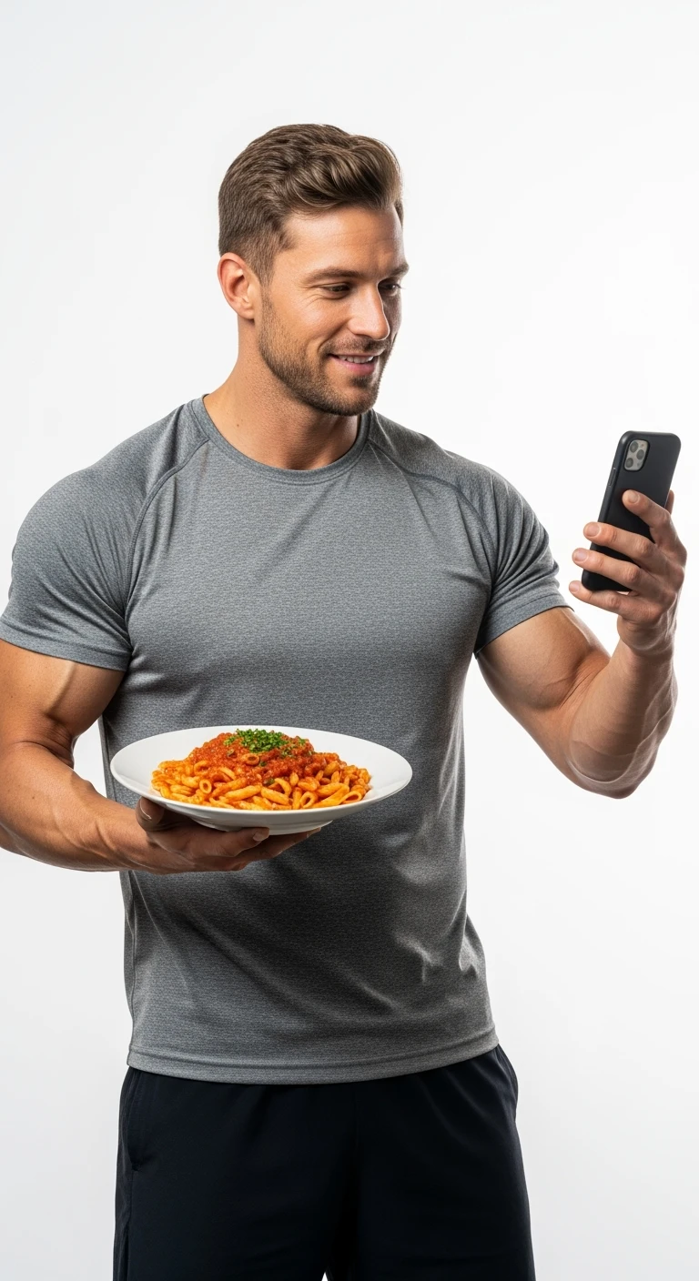 uomo fitness con piatto di pasta in mano e smartphone, sfondo bianco emoji