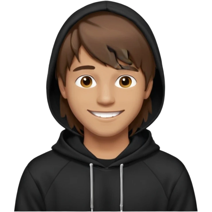 20 yr old man, brown hair, straight, big smile, white teeth, tanned skin, bangs, black hooded sweatshirt, long hair in back, middle parted bangs emoji