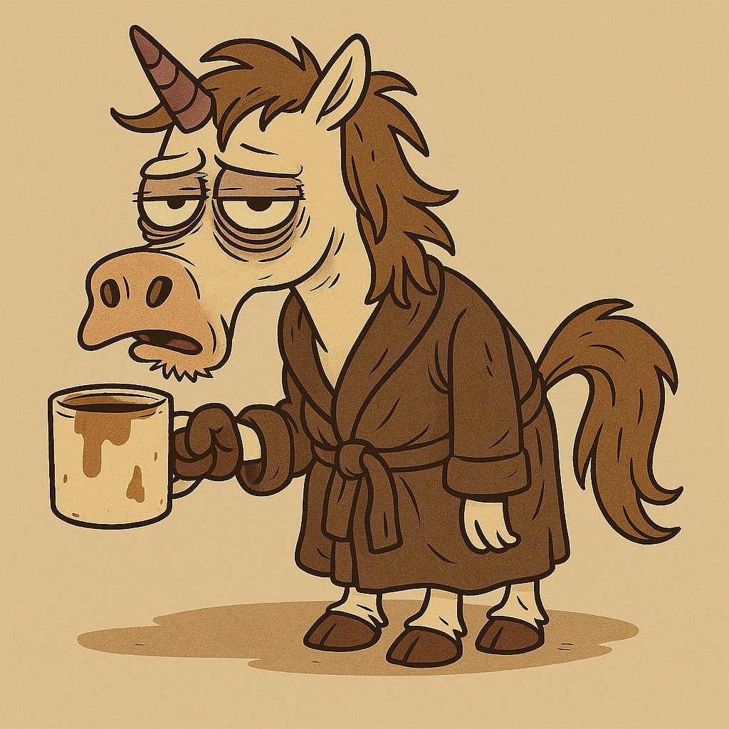 Add a rumpled bathrobe to the unicorn, keep the cartoonish style, unicorn remains disgusting and rumpled with bags under his eyes, a drooping horn, and a dirty coffee cup. emoji