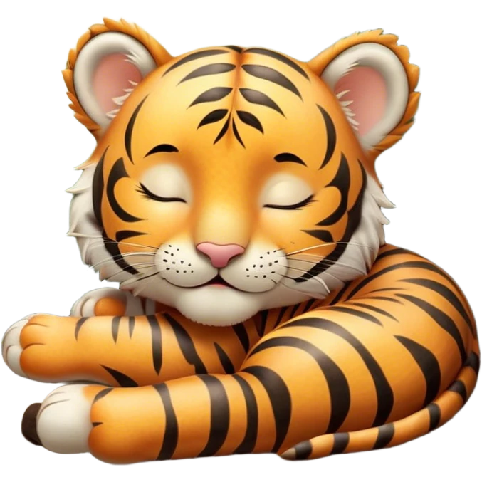 Meme-Worthy cute Sleeping Tiger Cub Portrait Emoji, Head resting peacefully with a contented smile, showcasing a luxuriously soft, striped form and eyes gently closed in serene slumber, Simplified yet comically adorable features, highly detailed, glowing with a soft, drowsy wild light, high shine, relaxed and utterly lovable, stylized with an air of playful laziness, bright and heartwarming, soft glowing outline, capturing the essence of a sleeping tiger cub that feels destined to become the next viral icon of adorable rest! emoji
