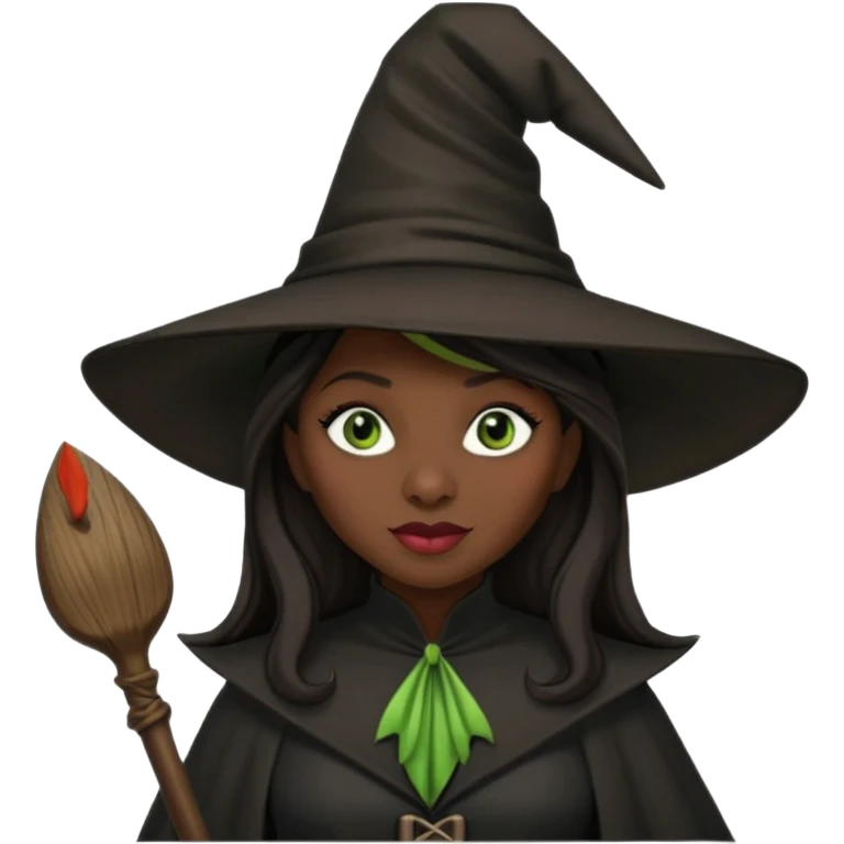 elphaba the wicked witch from wicked movie (cynthia erivo) dark long hair, thick lips, witch hat, broom emoji