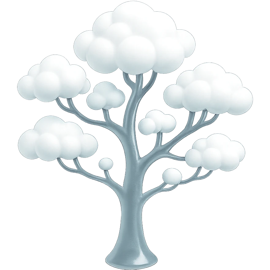 one tree with many branches and a white trunk, crown made of small very bright white fluffy convex clouds, matte glass style emoji