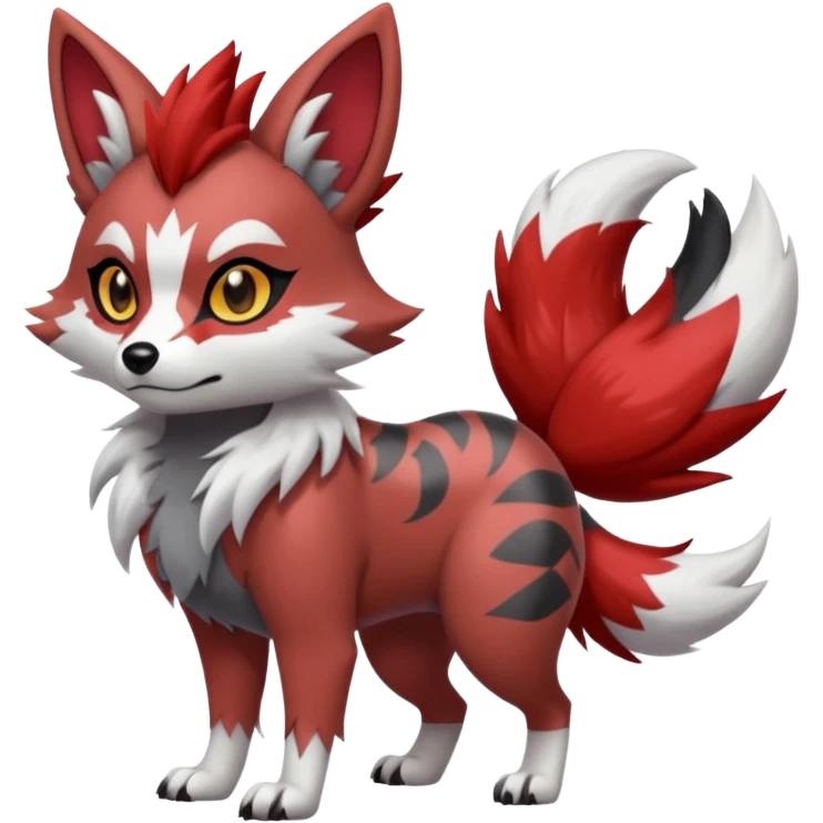 Cool handsome Red Lycanroc-Furret-Zorua-Poochyena-fusion, full body, with black and white edgy markings patterns emoji