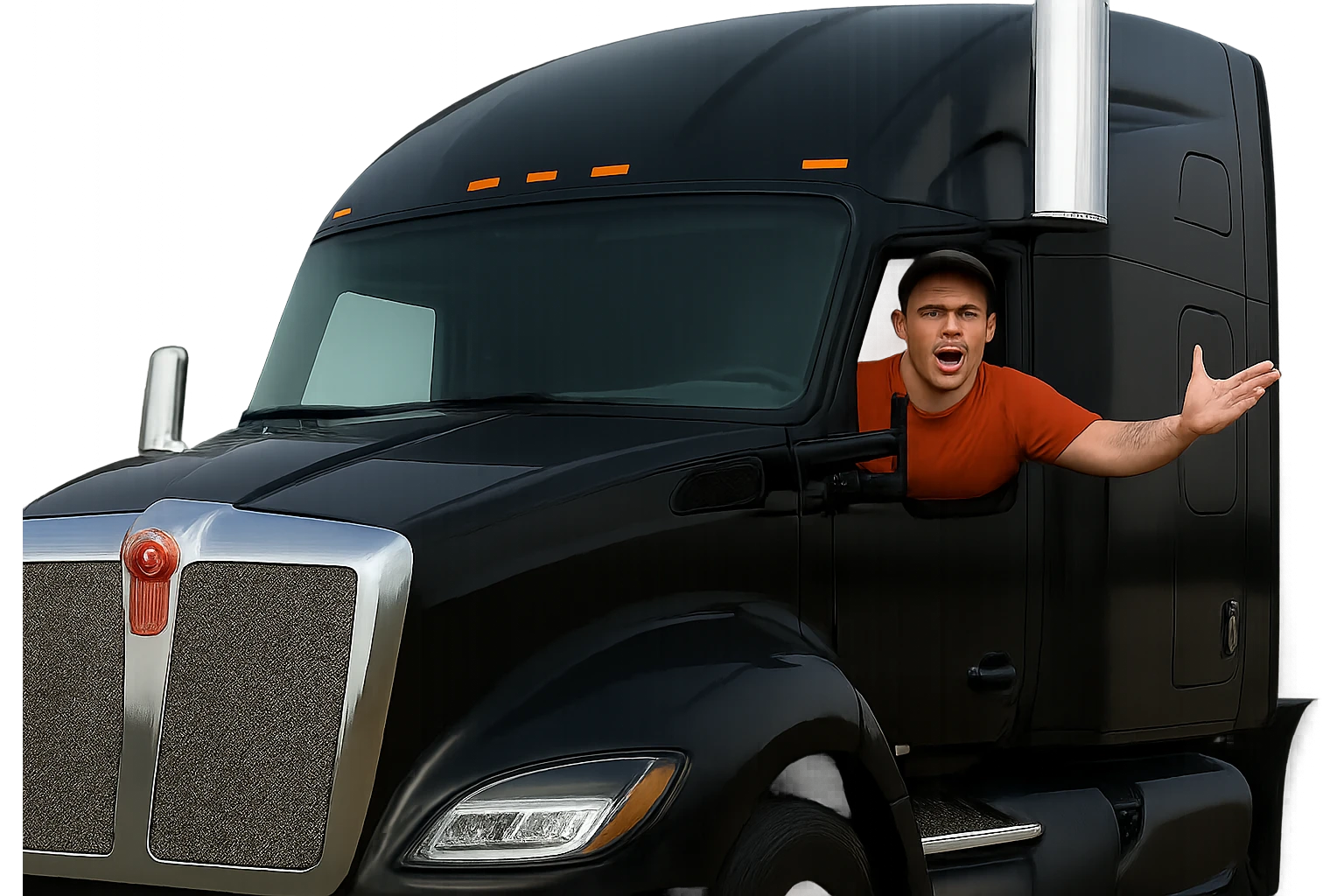 Zoom in closer on the cab of the truck. Make the person in the truck look angry, bald, wearing an orange shirt and a baseball cap. Keep the truck black with a chrome stack. Maintain a transparent background. emoji