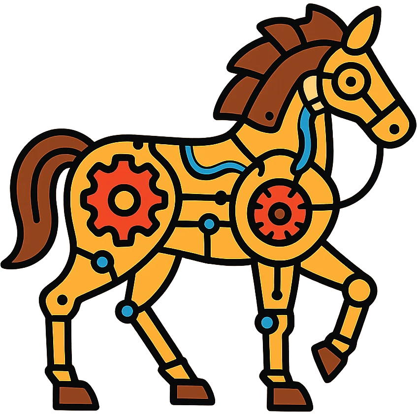 Steampunk horse made of visible gears, cogs, analog components, wires and rope connections emoji