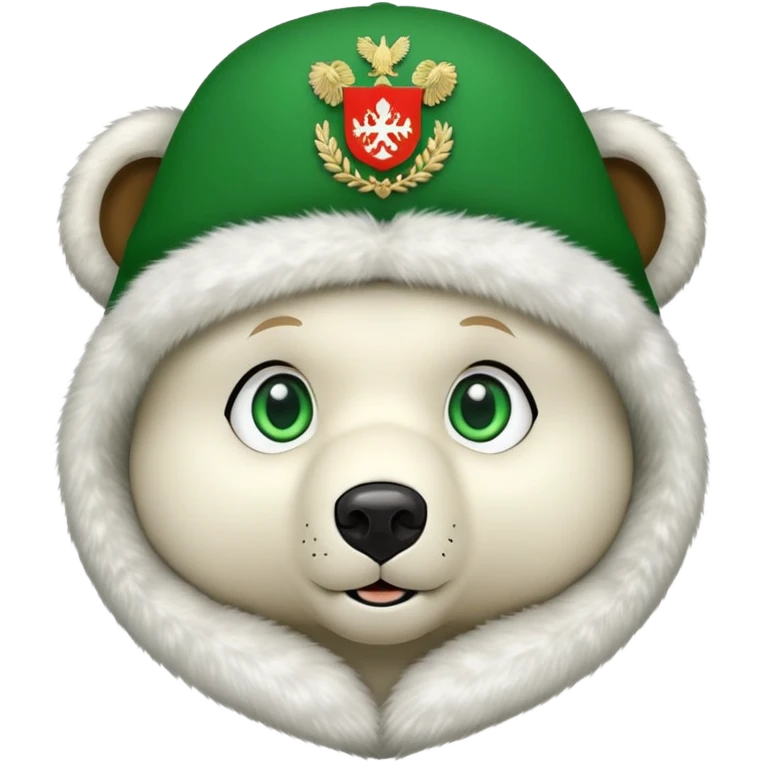 Sweet, cartoonish bear face with large green eyes, wearing white fur ushanka hat with accurate Russian Federation coat of arms centered, iOS emoji style emoji