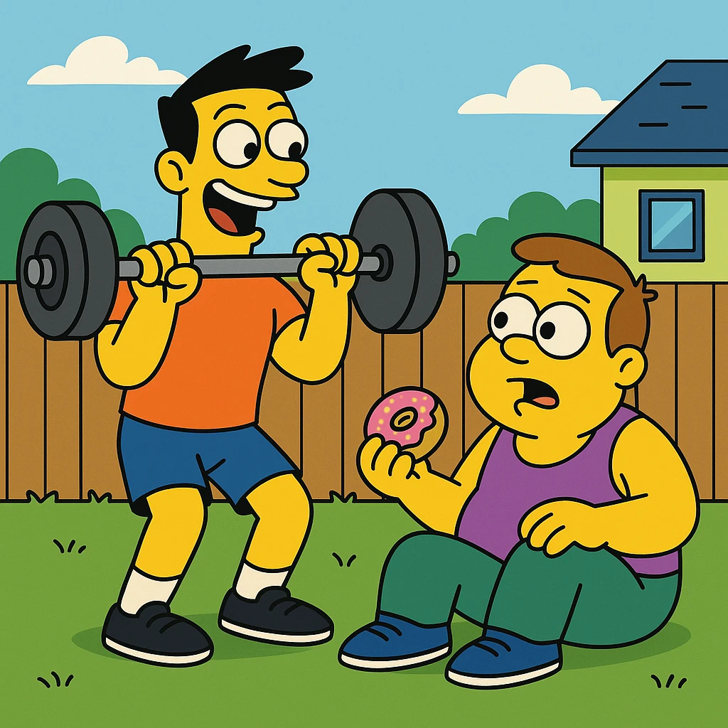 Jake and Tom have been gym buddies (friends who go to the gym together) for months (maybe 3–6 months or more), but their workout styles (the way they exercise or train—like lifting weights) couldn’t be more different (they’re very, very different). emoji