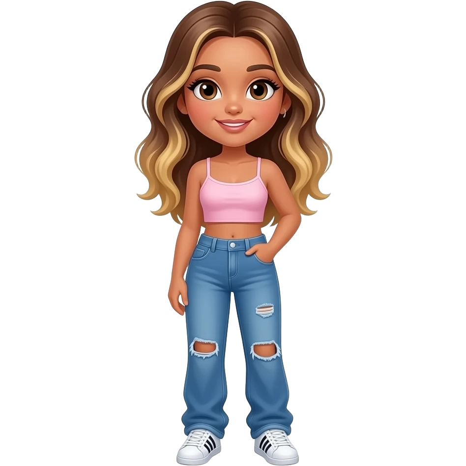 preppy cowgirlpreppy teenage girl, tan, blonde highlights, brown long hair, long eyelashes, beach aesthetic, wearing cute clothes, sexy, wearing ripped blue long baggy jeans with a light pink revealing crop top, wearing Somba Adidas emoji