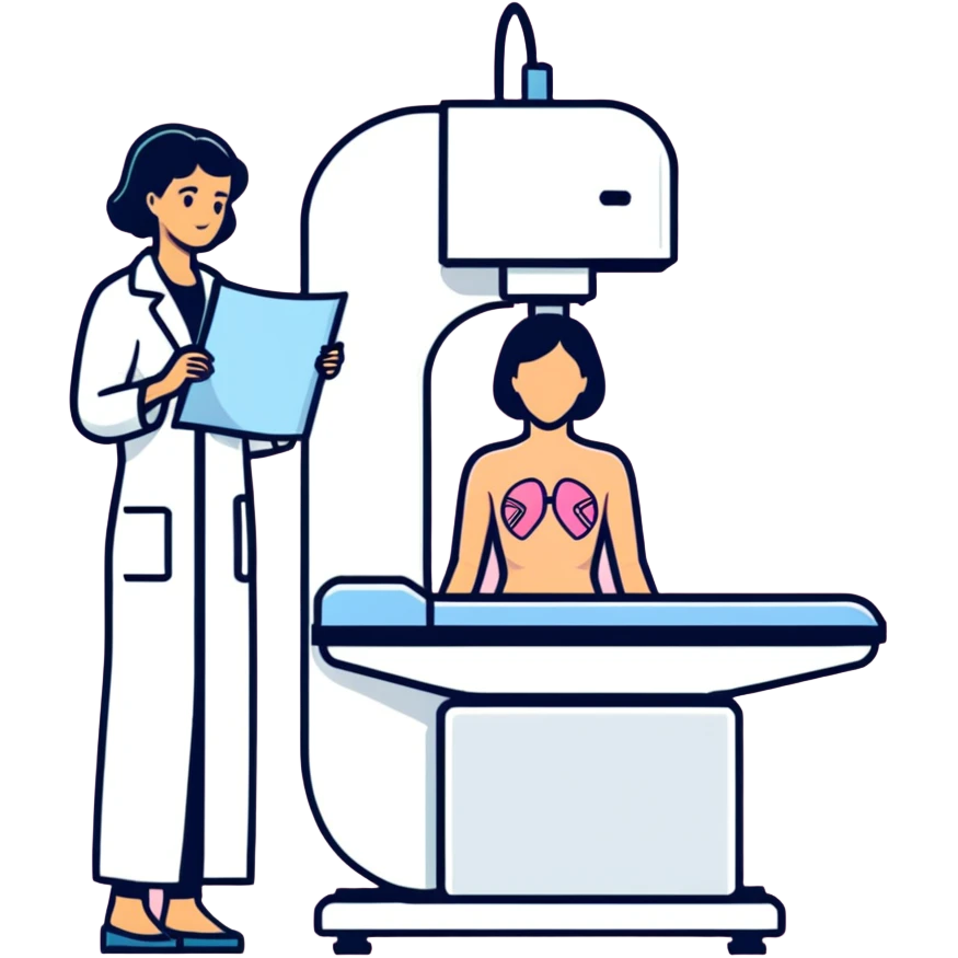 Mammogram breast cancer screening machine with female patient, medical test emoji