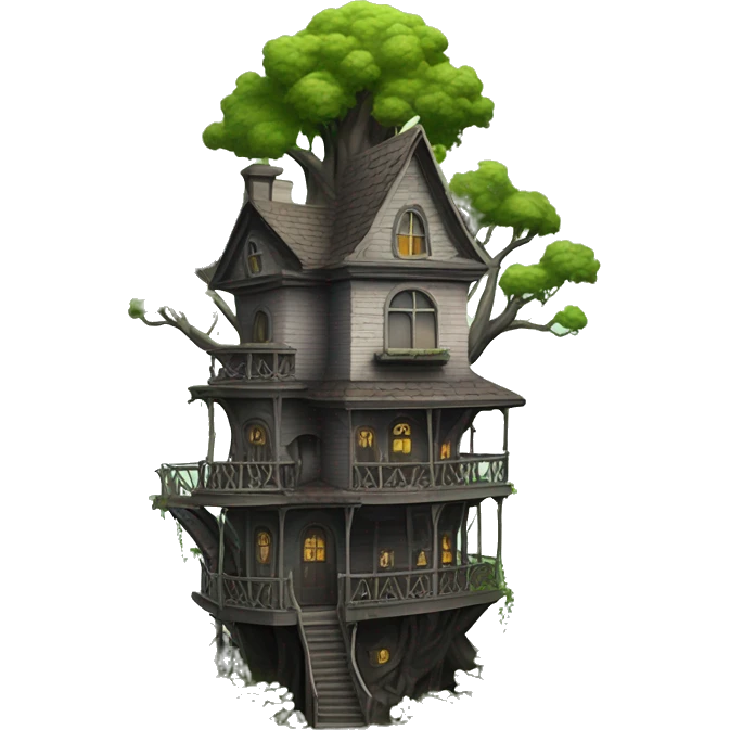 Miniature Fantasy haunted Addams tree house in an overgrown hotel on a hill  emoji