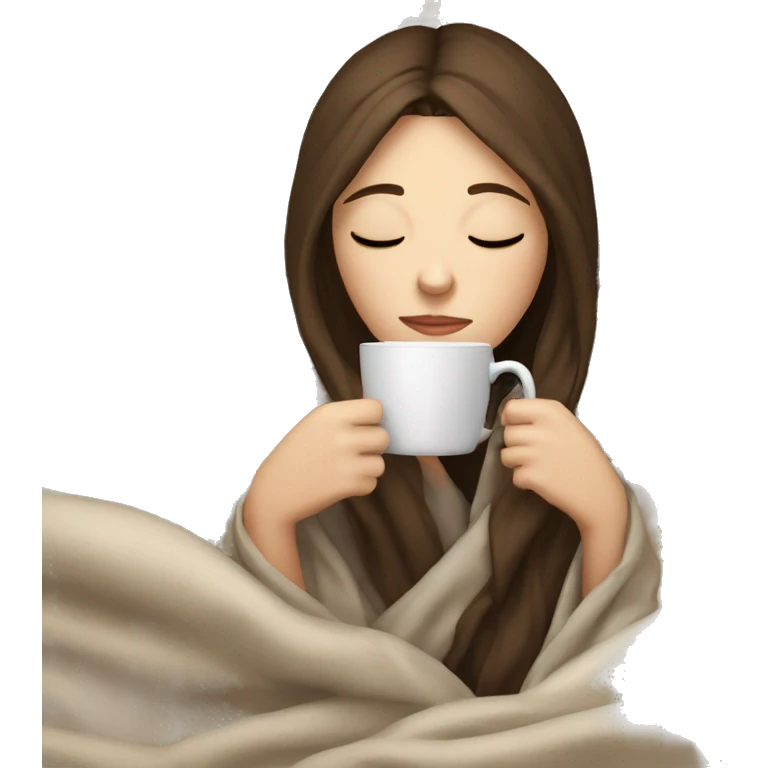 pale brunette girl inside a blanket sipping coffee eyes closed emoji