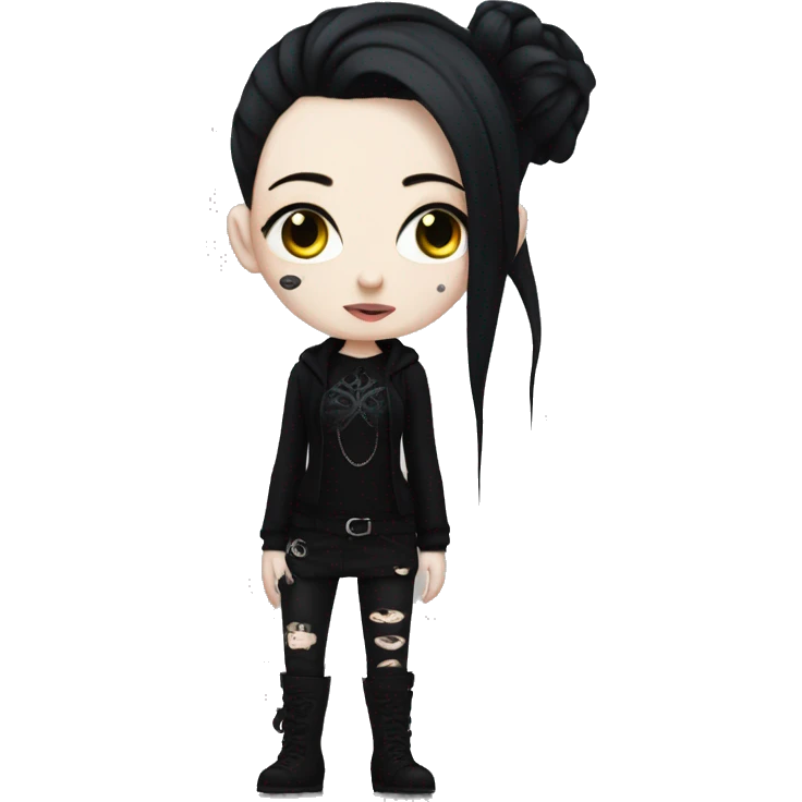 Goth girl, with very pale skin, dressed in black clothes, with body piercings and tattoos emoji