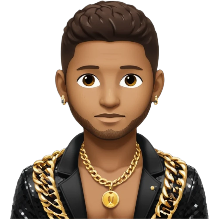 Usher with dark brown hair, black sequin jacket, shirtless with necklace  emoji