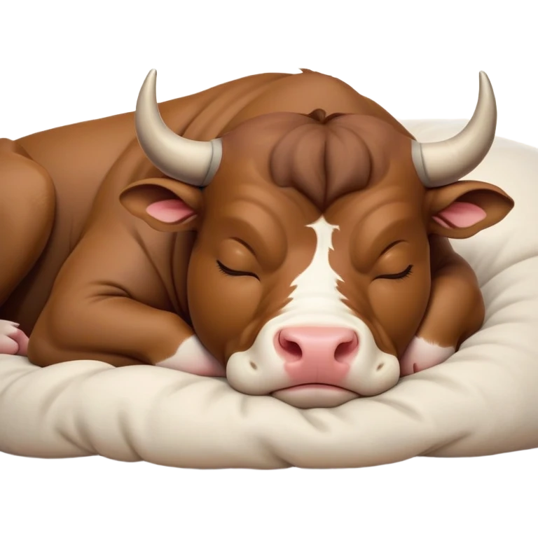 meme-worthy-cute-sleeping-domestic-bull-portrait-emoji,-head-resting-peacefully-with-a-contented-smile,-showcasing-a-robust,-muscular-build-and-a-luxuriously-soft-coat,-eyes-gently-closed-in-serene,-restful-slumber,-simplified,-solid-brown emoji
