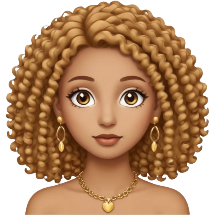 Une fille clean girl avec du maquillage clan et du mascara et des faux cils avec des boucles sur ces cheuveux marrons clair et des boucles d’oreilles doré rond et un collier doré  emoji