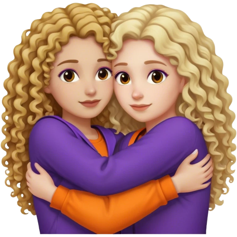 Black and blonde curly long hair ladys hugging each other with purple and orange emoji