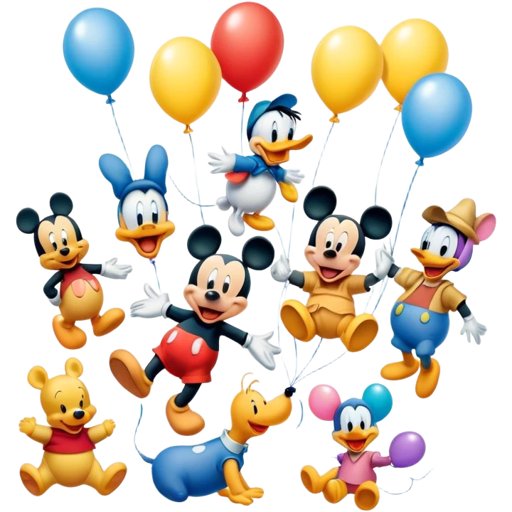 Icon for Animated Movies: A colorful, playful collage of classic cartoon characters like Goofy, Mickey Mouse, Donald Duck, Winnie-the-Pooh, and others. Bright, vibrant colors with cheerful expressions and fun elements like balloons and stars. Whimsical and nostalgic style. Transparent background. emoji