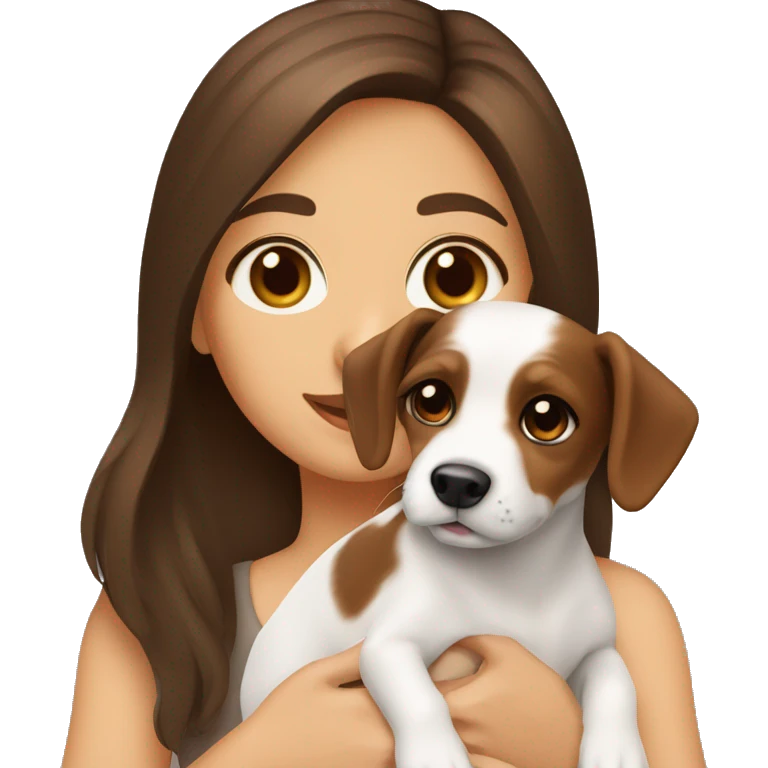 brunette girl with brown eyes and long hair holds a puppy Jack Russell dog with brown eyes emoji