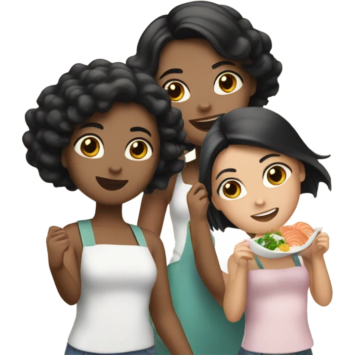 3 girls one with black hair and two with brown hair eating seafood emoji