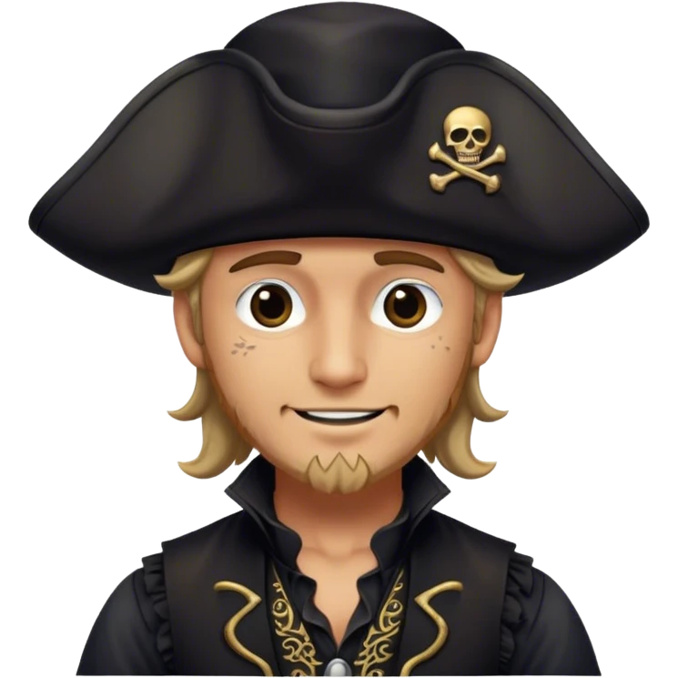 A kindhearted pirate in a black ruffled shirt, black waistcoat, and an ornate black hat, his friendly gaze welcoming emoji