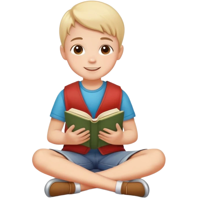 child sitting cross-legged on the floor, cheerful and calm, with a book in hand emoji