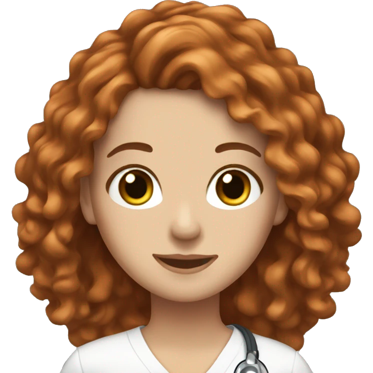 white girl. long curly auburn hair. Scrubs.  emoji
