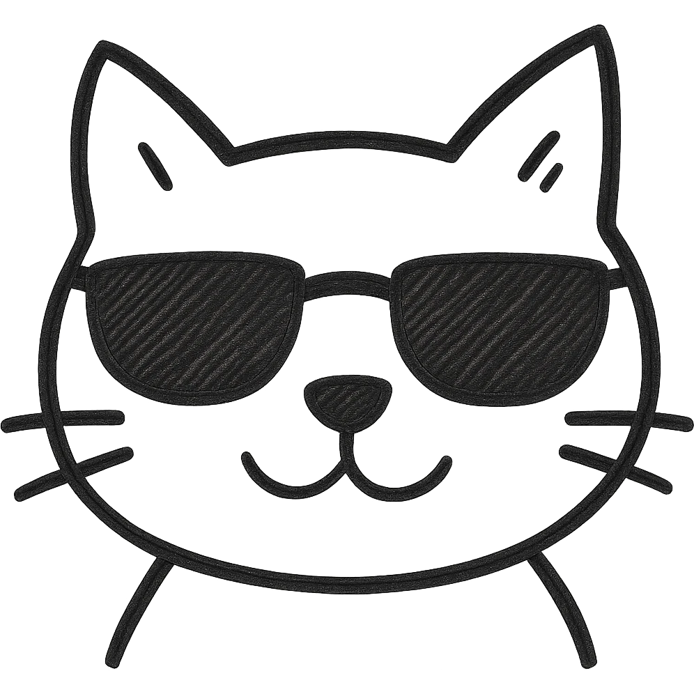 Make the cat black while keeping the sunglasses, in hand drawn black outline style, with no background. emoji