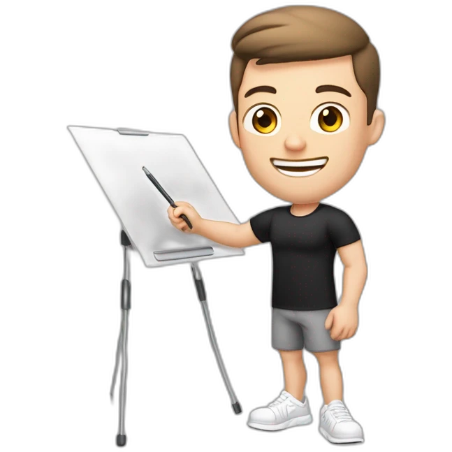 Pale skinned Fit Man With the biceps and brown hair in black shirt, gray sports shorts and white Sneakers Writing text on the flipchart emoji