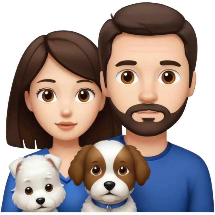 scottish man with stubble, brunette woman and one white fluffy dog emoji