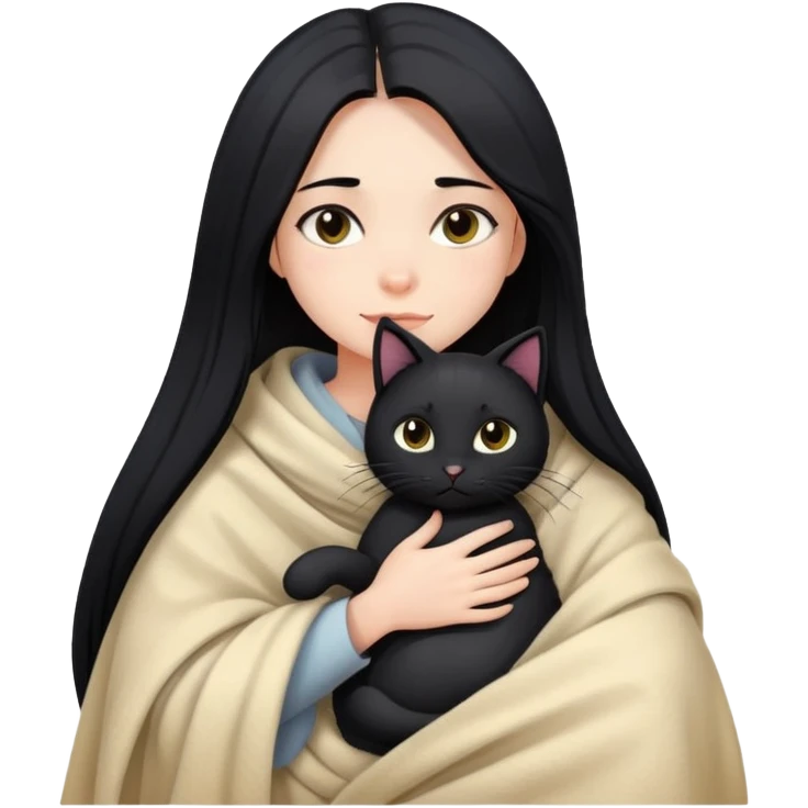 A girl with fair skin and long black hair wrapped in a blanket hugging a black cat emoji