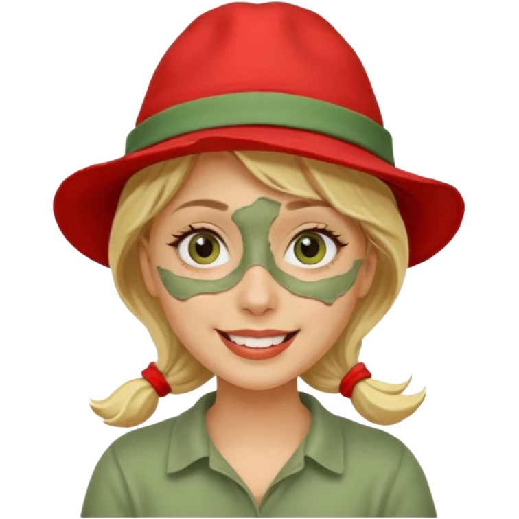 messy green clay mask and red tourist hat blond braided woman big eyes smiling and clay mask on face emoji