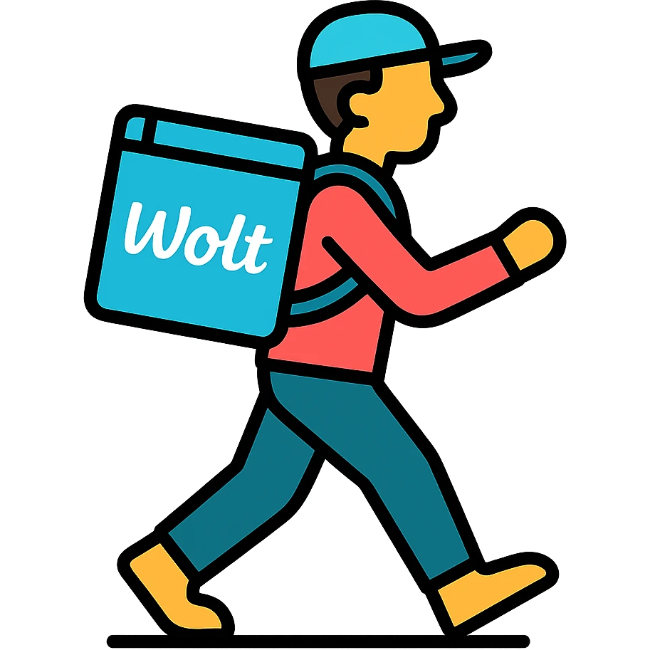 delivery man walking wearing a Wolt backpack, clean style emoji