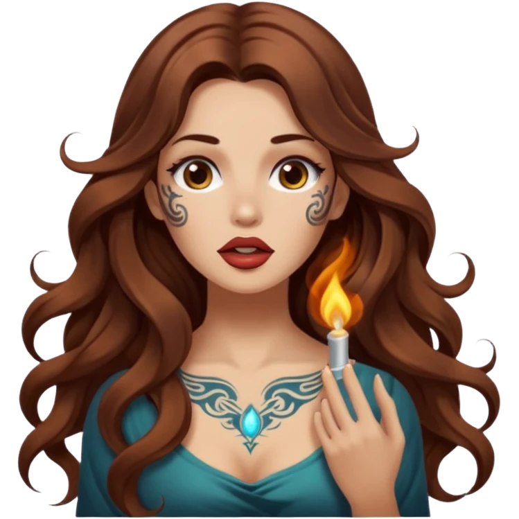 mystic woman long wavy brown hair tattoos warm breath glow from mouth emoji
