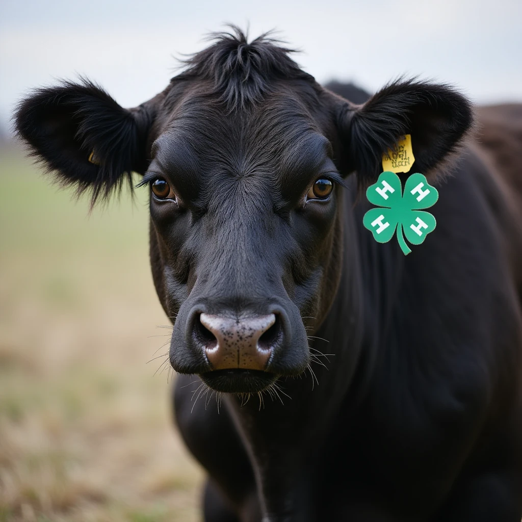 realistic 4-H black show steer with a green 4-H clover badge emoji