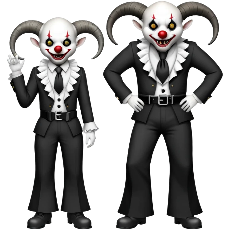 full-body demonic clown in black and white leisure suit with bellbottom pants, bald, black ram horns, flashy black and white belt, ruffled white shirt, no neck tie, large fangs emoji
