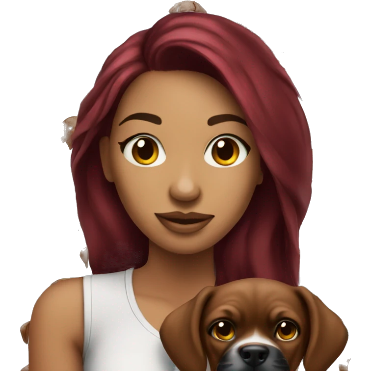 Beautiful tattooed  burgundy long haired woman holding a boxer puppy emoji