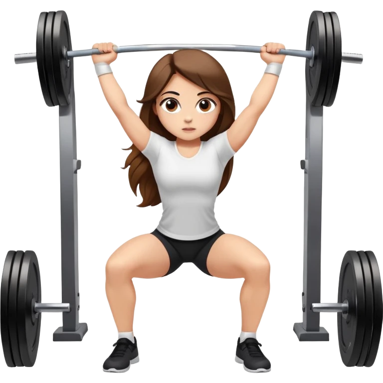 A girl with light skin, big eyes, long brown hair and wearing a white shirt is doing an overhead squat with a lot of weight on the barbell emoji