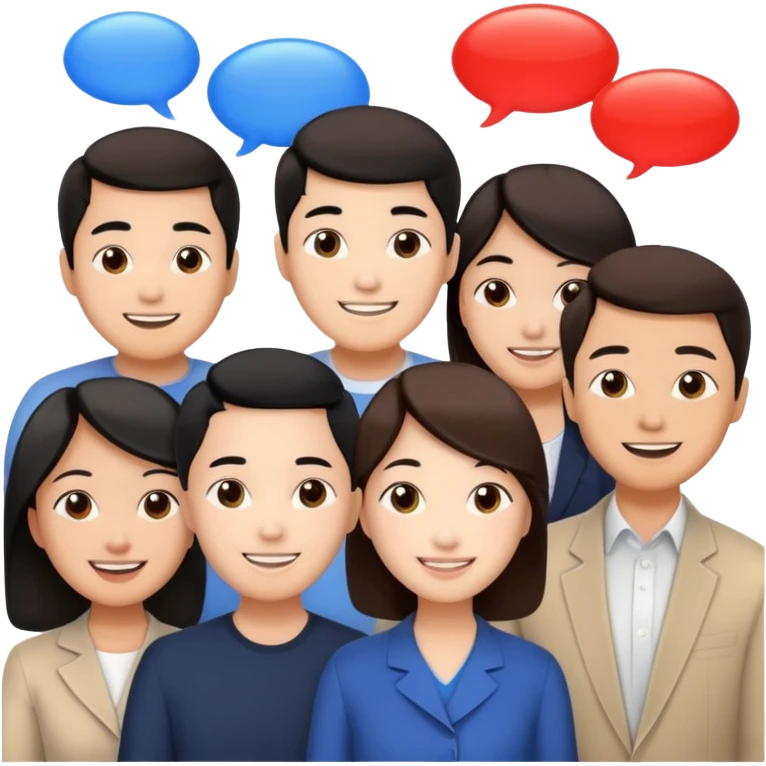 A friendly chat among a group of Asian friends sharing their thoughts on politics, full of lively conversation bubbles. emoji
