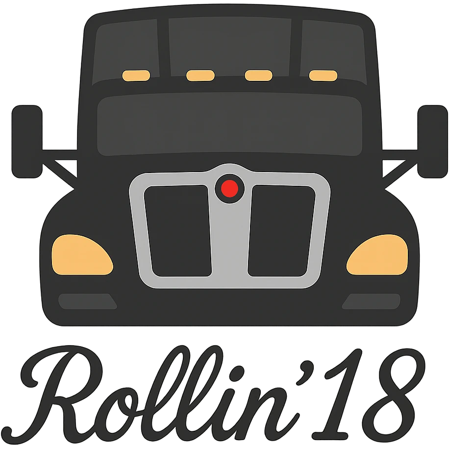 Edit the image of the truck by changing the text 'Rollin' 18' at the bottom to a clear and stylish script font style. Keep the overall emoji style and ensure no background is present. emoji