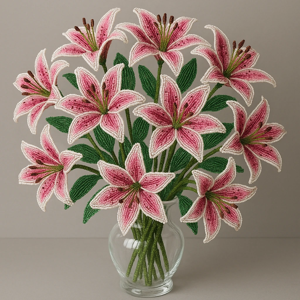 a bouquet of twelve french beaded pink stargazer lilies in a clear glass vase, vibrant pink and white, intricate beading, green stems and leaves, realistic and artistic emoji