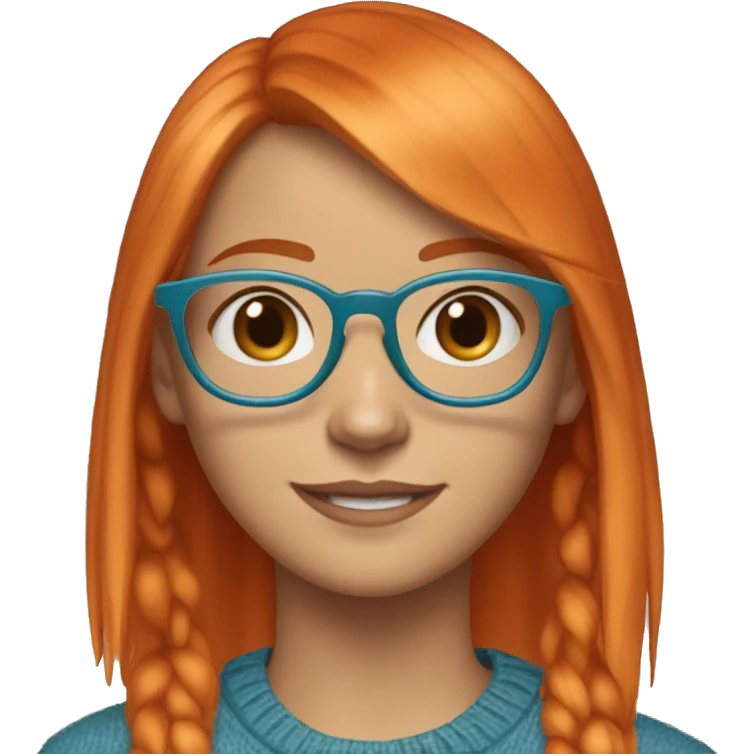 Girl Named Isabella Jones, 14 Year old, Wears turquoise Sweater and Blue Denim jeans and Red Sneakers, Glasses, Orange Hair, Fringe Bob Orange Hair. emoji