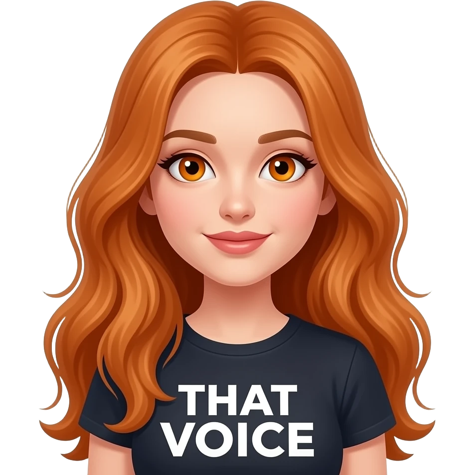 sexy girl with overlong ginger hair and ginger eyes a top with ... THAT VOICE written on it emoji
