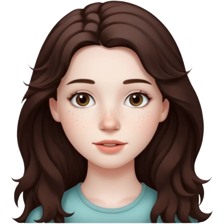 20 year old woman with pale skin, lots of dark freckles, rosy cheeks, and long straight/wavy brunnette hair. emoji