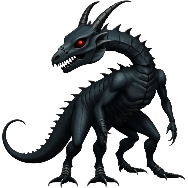 Shiny Dark Edgy  Salandit-Inteleon-Amaura-Fakémon-hybrid-creature (full body) with a horned animal-skull-mask emoji