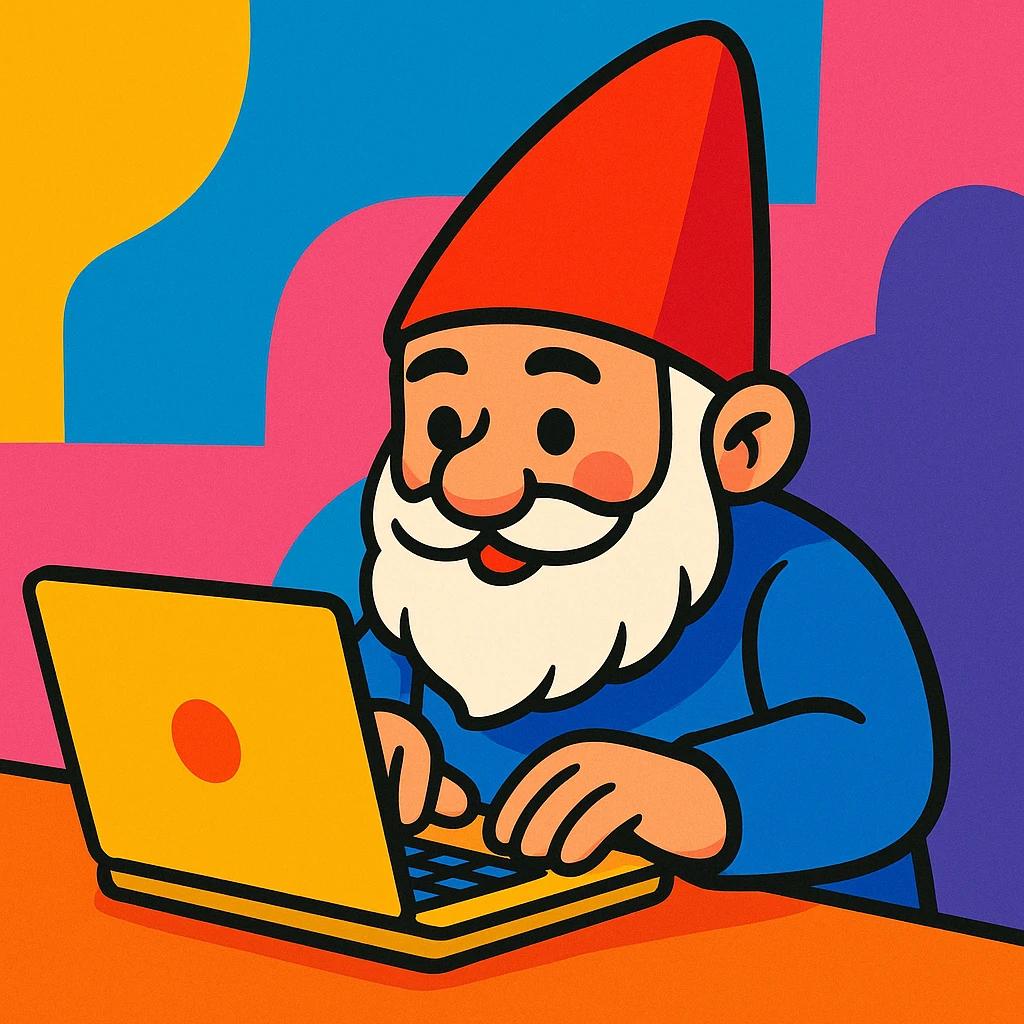 a gnome typing on a laptop, in a colorful, vibrant toon style emoji