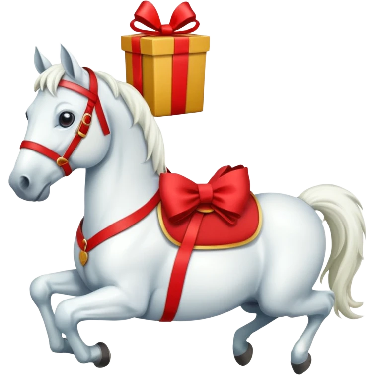 christmas white horse with a red saddle with gift box on saddle emoji
