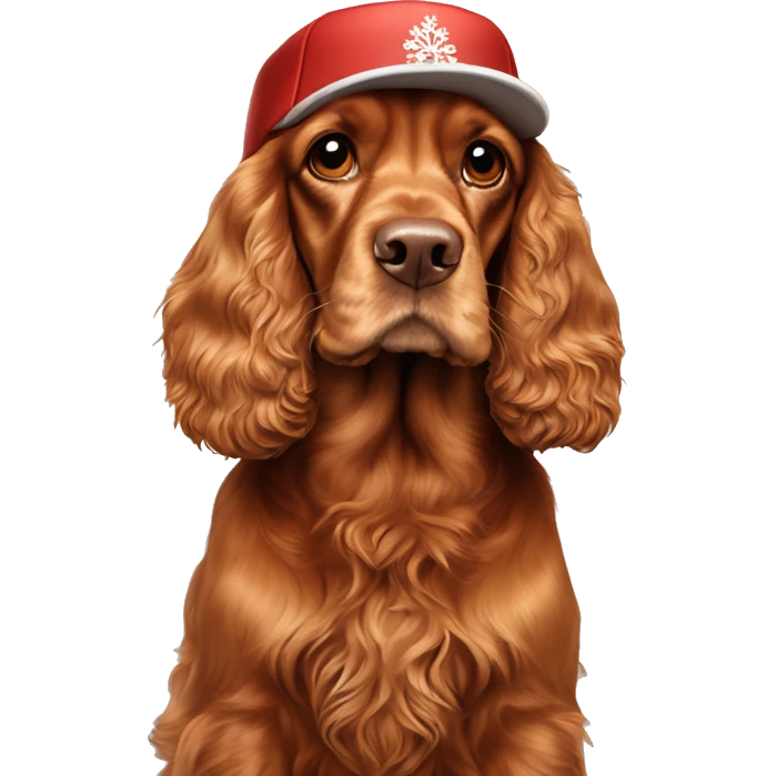 A full-length, adult, red cocker spaniel in a New Year's cap, siting emoji