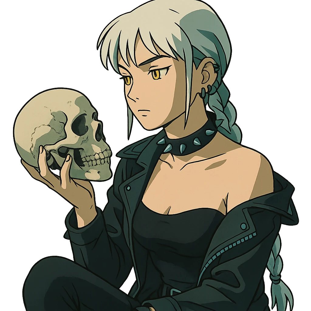 she is holding a skull, pondering as in shakespeare, a closeup portrait of young woman with gold yellow eyes, white hair, long braid, black off-shoulder top d-cup, punk gothic style, futuristic cyberwave cyberpunk, sitting position emoji