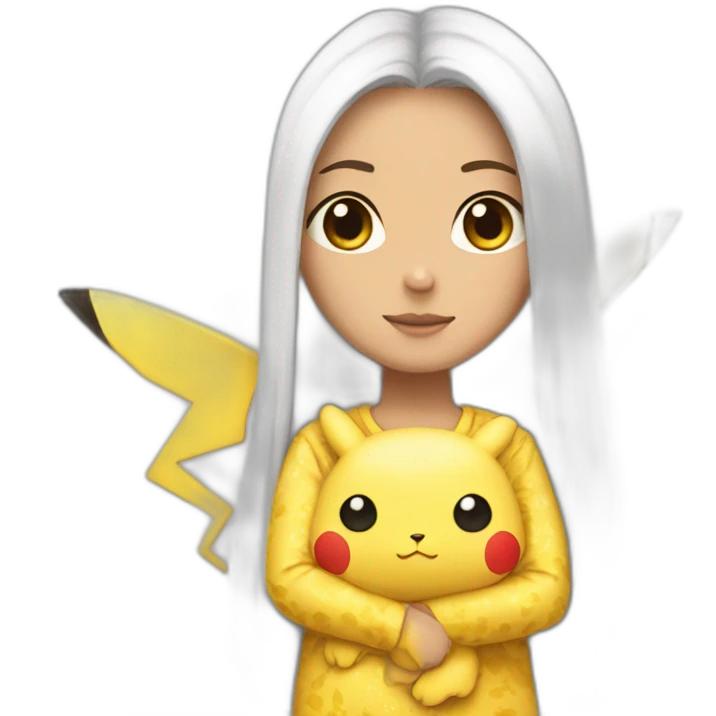 Brown straight long hair white woman wearing pikachu pyjama emoji